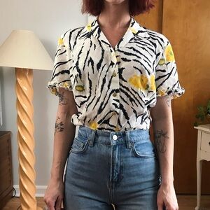 Escada White and Black Button Down Shirt with Notched Collar